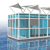 projekt konkursowy powierzchni biurowej zbudowanej na pływającej platformie rzecznej - konkurs Bargework 2014